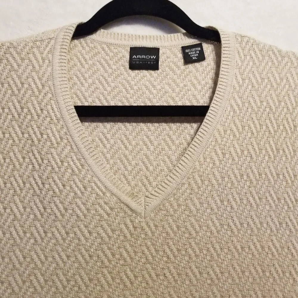 Arrow Mens XL Sweater Vest 100% Cotton Beige Basket Weave Preppy Old Money Basic